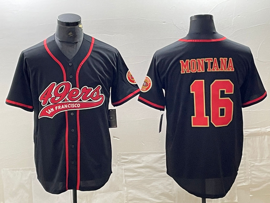 SF.49ers #16 Joe Montana Black Red With Patch Cool Base Stitched Baseball Jersey