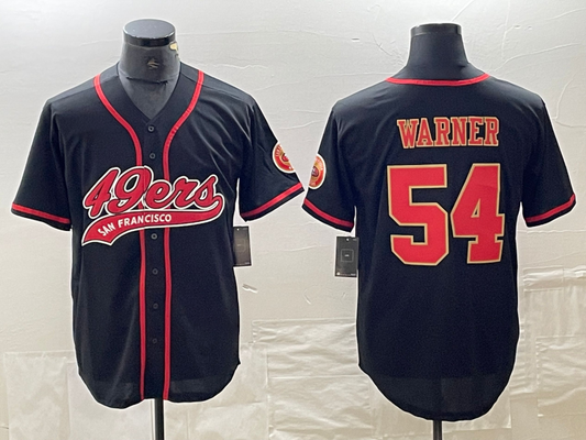 SF.49ers #54 Fred Warner Black Red With Patch Cool Base Stitched Baseball Jersey