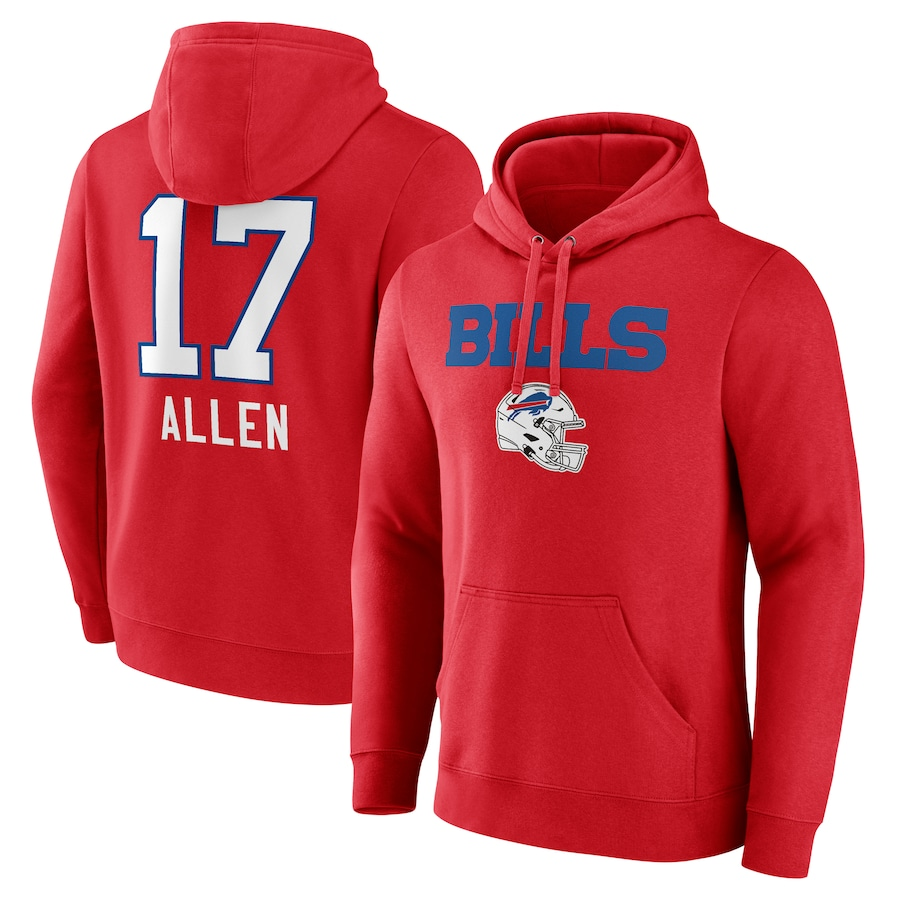 B.Bills #17 Josh Allen Red Team Wordmark Player Name & Number Pullover Hoodie Jerseys