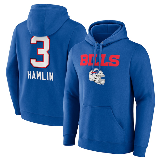 B.Bills #3 Damar Hamlin Royal Team Wordmark Player Name & Number Pullover Hoodie Jerseys