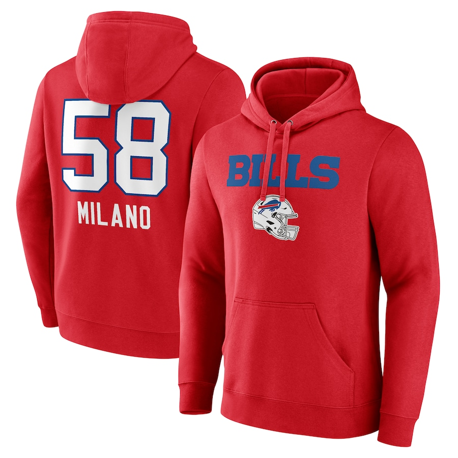 B.Bills #58 Matt Milano Red Team Wordmark Player Name & Number Pullover Hoodie Jerseys