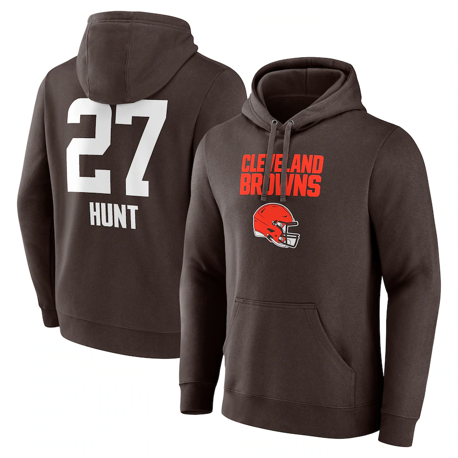 C.Browns #27 Kareem Hunt Brown Team Wordmark Player Name & Number Pullover Hoodie Jerseys