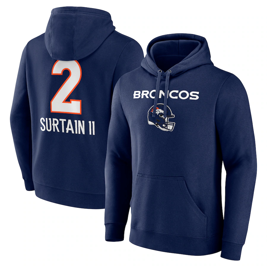 D.Broncos #2 Pat Surtain II Navy Team Wordmark Player Name & Number Pullover Hoodie Jerseys