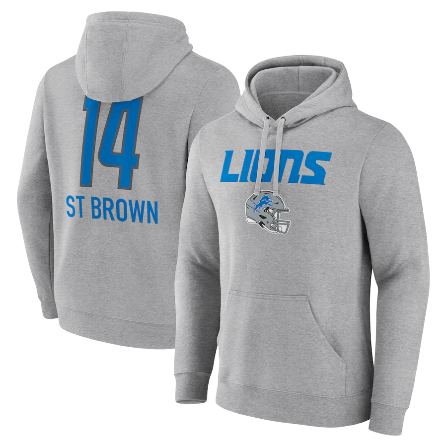 D.Lions #14 Amon-Ra St. Brown Gray Team Wordmark Player Name & Number Pullover Hoodie Jerseys