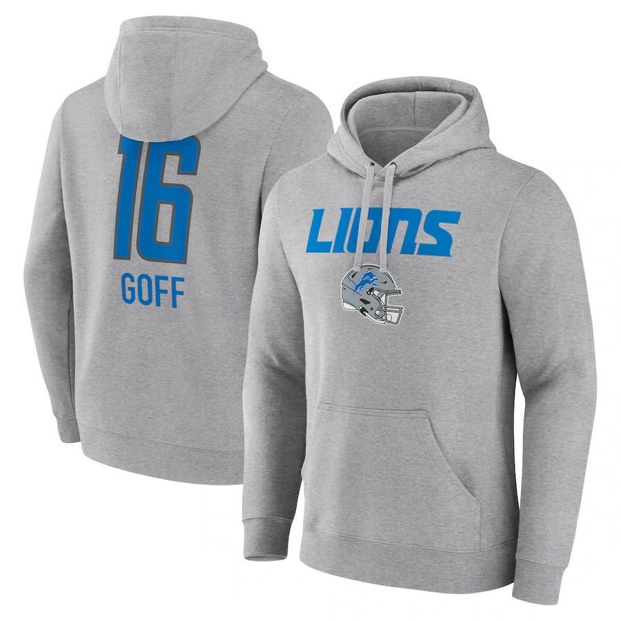 D.Lions #16 Jared Goff Gray Team Wordmark Player Name & Number Pullover Hoodie Jerseys
