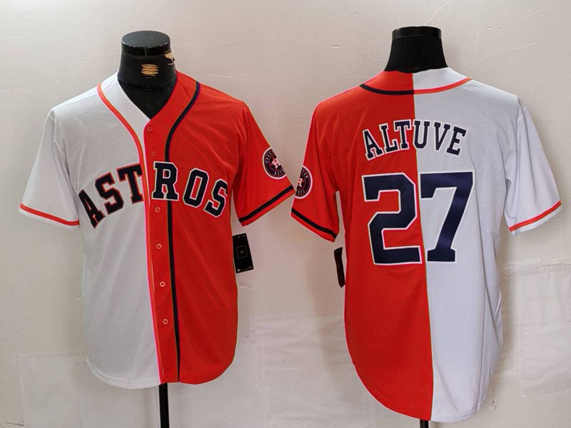 Houston Astros #27 Jose Altuve White Orange Blue Number Split Stitched Baseball Jersey
