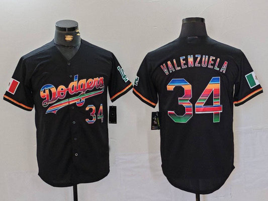Los Angeles Dodgers #34 Fernando Valenzuela Black Rainbow Mexico Cool Base Stitched Baseball Jersey
