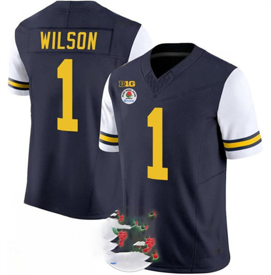 M.Wolverines #1 Roman Wilson 2023 F.U.S.E. Navy White Rose Bowl Patch Stitched Jersey College Jerseys