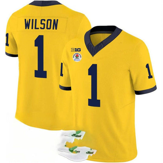 M.Wolverines #1 Roman Wilson 2023 F.U.S.E. Yellow Rose Bowl Patch Stitched Jersey College Jerseys