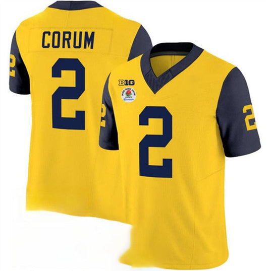 M.Wolverines #2 Blake Corum 2023 F.U.S.E. Yellow Navy Rose Bowl Patch Stitched Jersey College Jerseys