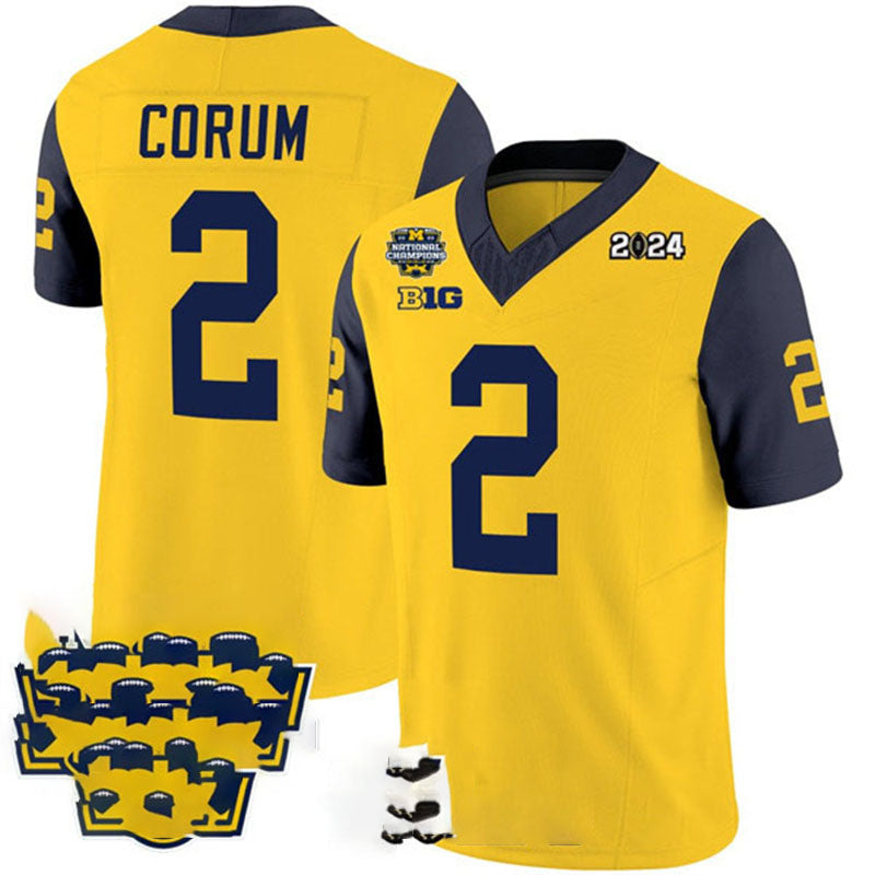 M.Wolverines #2 Blake Corum Yellow Navy 2024 F.U.S.E. With 2023 National Champions Patch Stitched Jersey College Jerseys