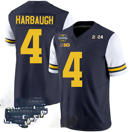 M.Wolverines #4 Jim Harbaugh Navy White 2024 F.U.S.E. With 2023 National Champions Patch Stitched Jersey College Jerseys
