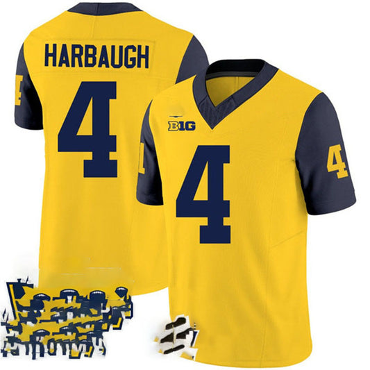 M.Wolverines #4 Jim Harbaugh Yellow Navy 2024 F.U.S.E. With 2023 National Champions Patch Stitched Jersey College Jerseys