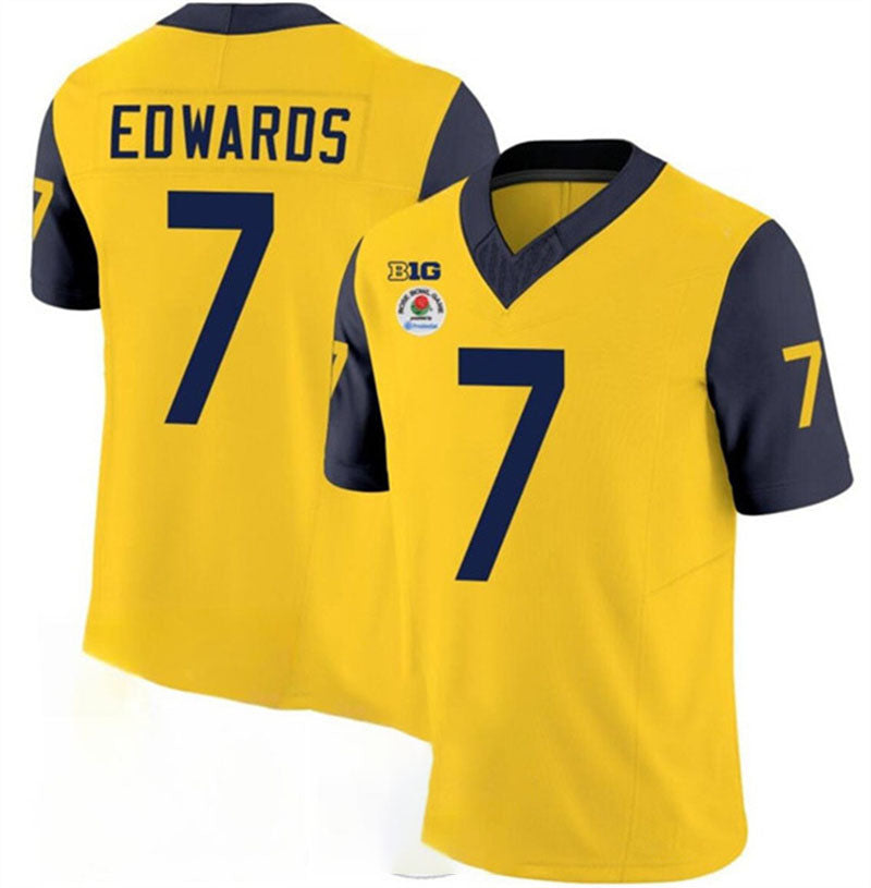 M.Wolverines #7 Donovan Edwards 2023 F.U.S.E. Yellow Navy Rose Bowl Patch Stitched Jersey College Jerseys