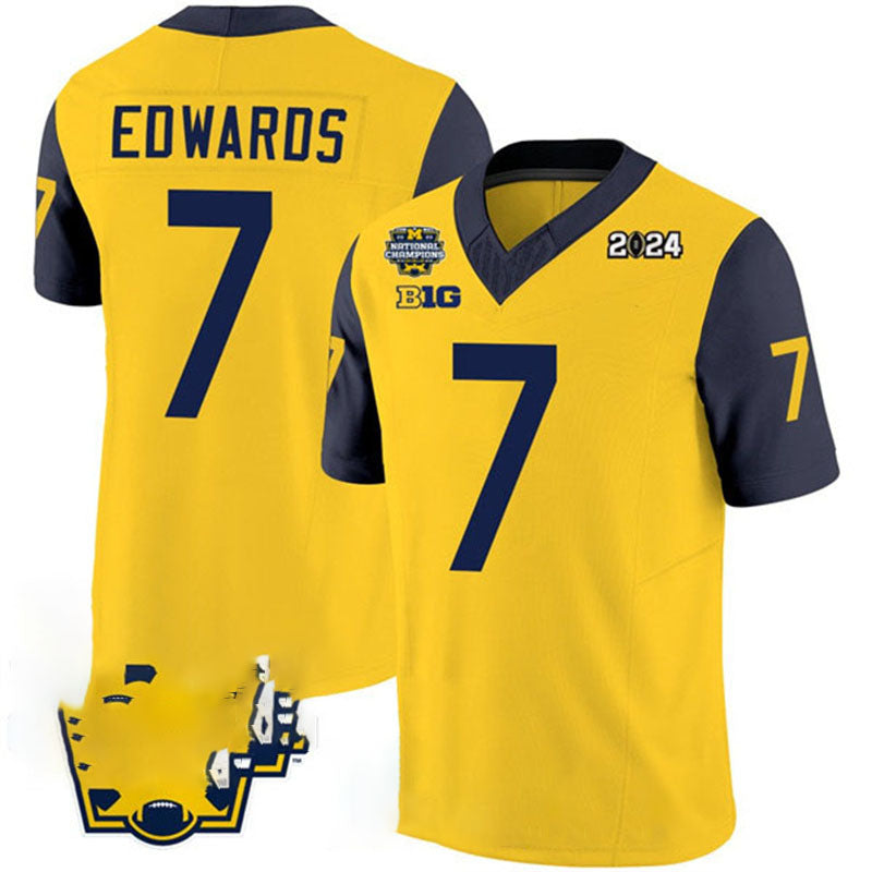 M.Wolverines #7 Donovan Edwards Yellow Navy 2024 F.U.S.E. With 2023 National Champions Patch Stitched Jersey College Jerseys