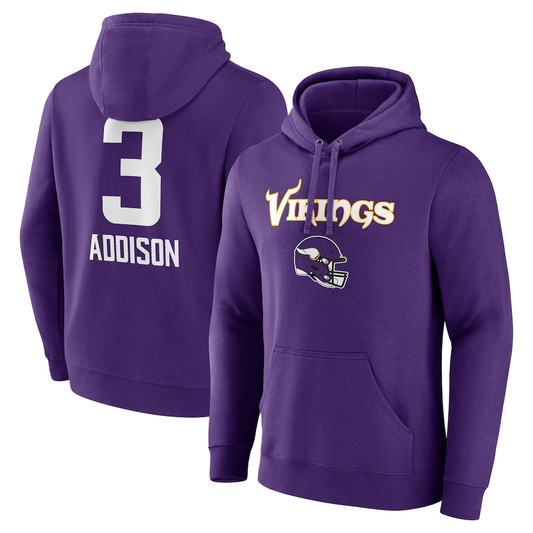 MN.Vikings #3 Jordan Addison Purple Team Wordmark Player Name & Number Pullover Hoodie Jerseys