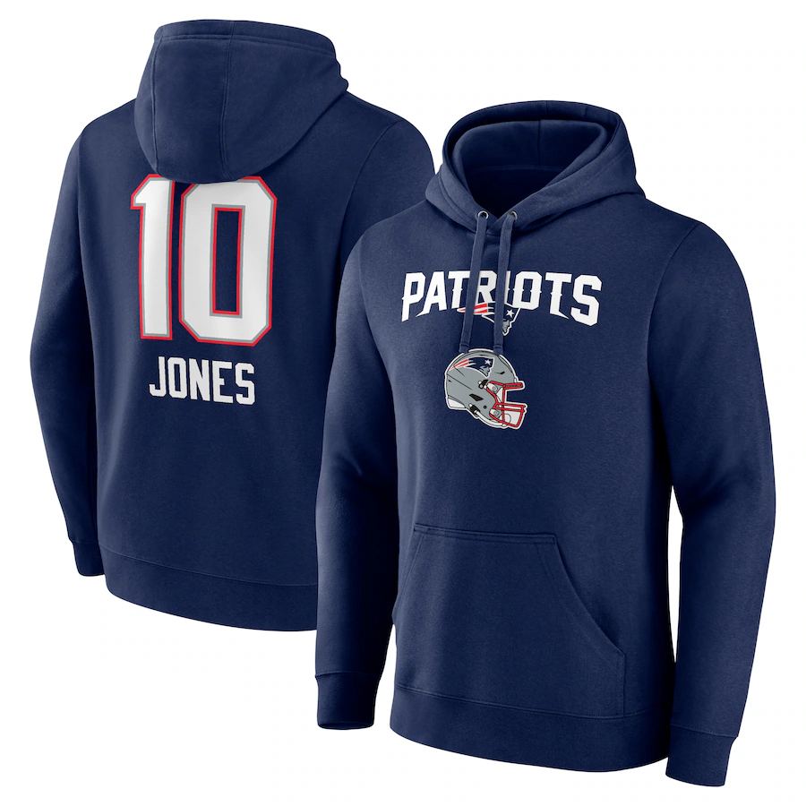 NE.Patriots #10 Mac Jones Navy Team Wordmark Player Name & Number Pullover Hoodie Jerseys
