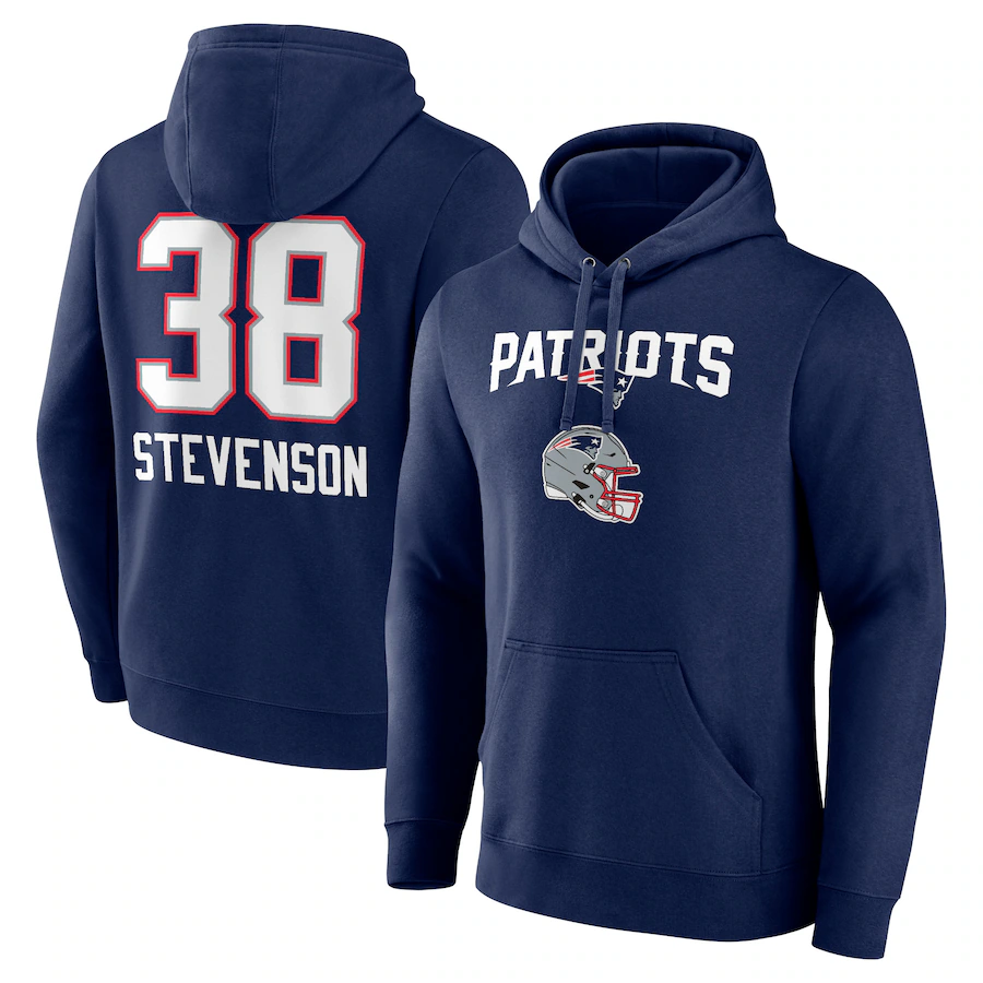 NE.Patriots #38 Rhamondre Stevenson Navy Team Wordmark Player Name & Number Pullover Hoodie Jerseys