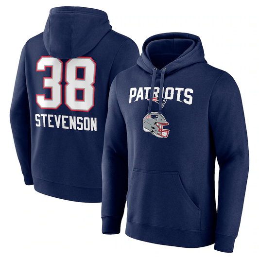 NE.Patriots #38 Rhamondre Stevenson Navy Team Wordmark Player Name & Number Pullover Hoodie Jerseys
