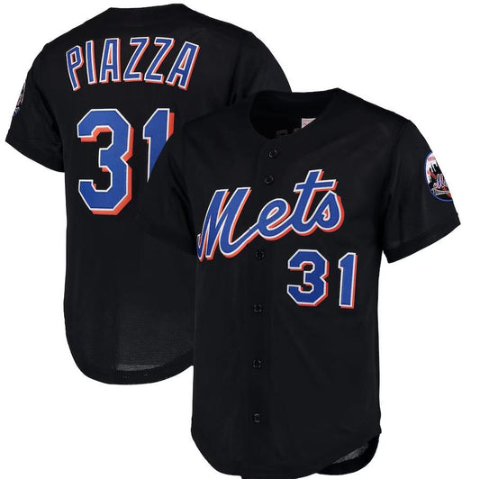 New York Mets #31 Mike Piazza Black Mitchell & Ness Cooperstown Collection Mesh Batting Practice Button-Up Jersey Baseball Jerseys