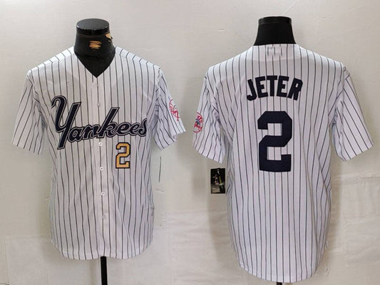 New York Yankees #2 Derek Jeter White Pinstripe Fashion Cool Base Baseball Jerseys