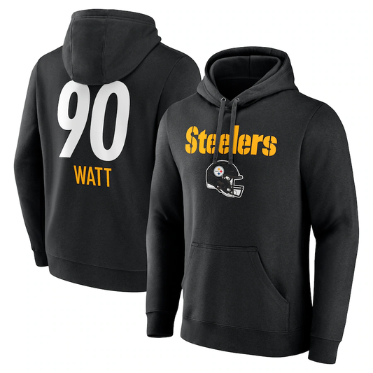 P.Steelers #90 T.J. Watt Black Team Wordmark Player Name & Number Pullover Hoodie Jerseys