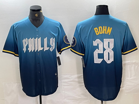 Philadelphia Phillies #28 Alec Bohm Blue 2024 City Player Number Cool Base Stitched Baseball Jerseys