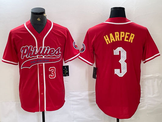 Philadelphia Phillies #3 Bryce Harper Number Red Cool Base Stitched Baseball Jersey