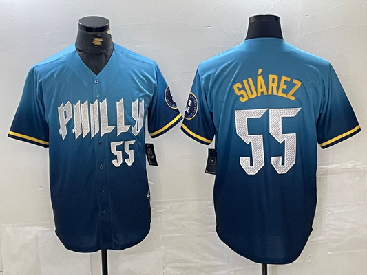 Philadelphia Phillies #55 Ranger Suarez Blue 2024 City Player Number Cool Base Baseball Jersey