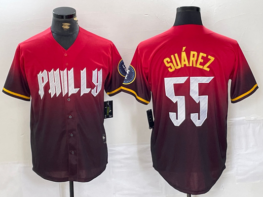 Philadelphia Phillies #55 Ranger Suarez Red 2024 City Player Number Cool Base Baseball Jersey