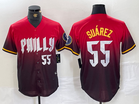 Philadelphia Phillies #55 Ranger Suarez Red 2024 City Player Number Cool Base Baseball Jersey