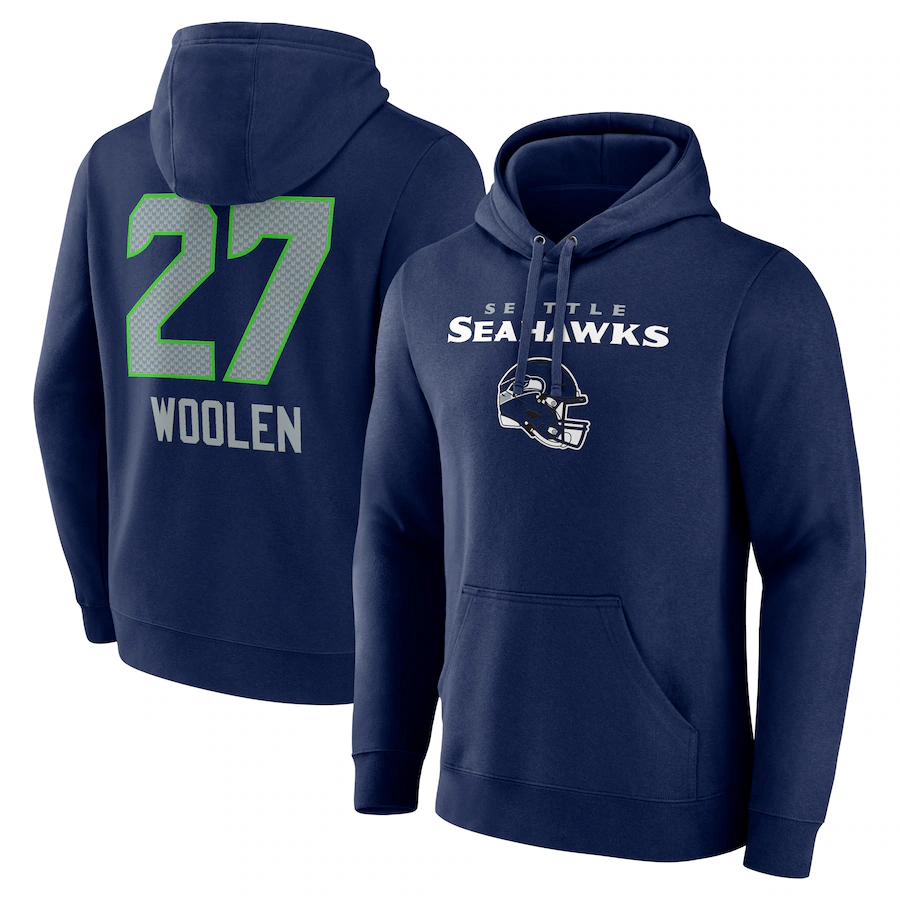 S.Seahawks #27 Tariq Woolen Navy Team Wordmark Player Name & Number Pullover Hoodie Jerseys