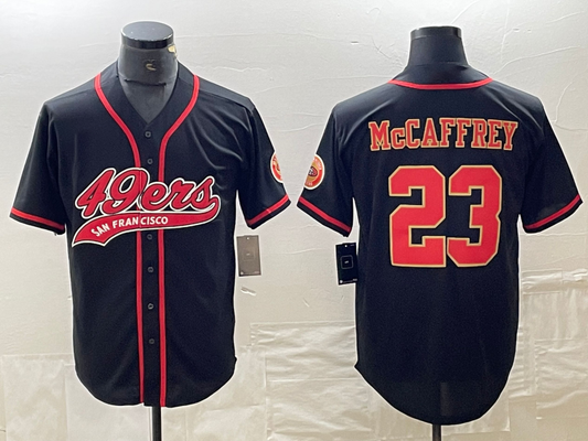 SF.49ers #23 Christian McCaffrey Black Red With Patch Cool Base Stitched Baseball Jersey