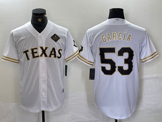 Texas Rangers #53 Adolis Garcia White Gold Cool Base Stitched Baseball Jersey