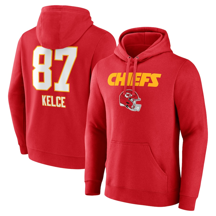 kC.Chiefs #87 Travis Kelce Red Team Wordmark Player Name & Number Pullover Hoodie Jerseys