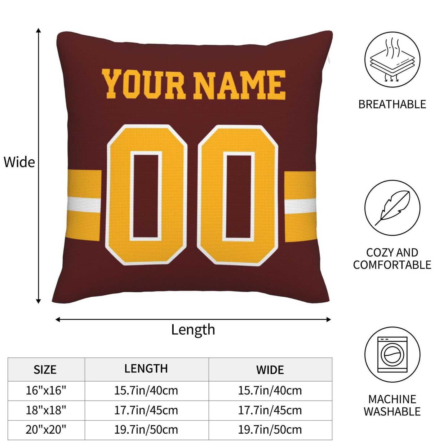 Custom Burgundy Gold W.Commanders Decorative Throw Pillow Case - Print Personalized Football Team Fans Name & Number Birthday Gift