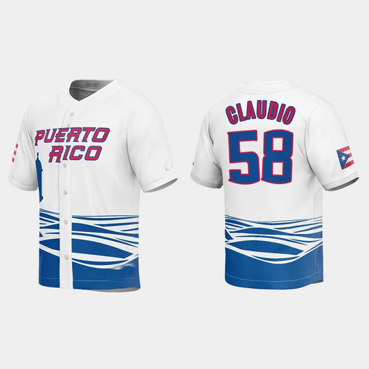 #58 ALEX CLAUDIO PUERTO RICO BASEBALL 2023 WORLD BASEBALL CLASSIC JERSEY – WHITE Stitches Baseball Jerseys