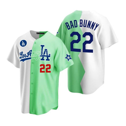 Los Angeles Dodgers #22 Bad Bunny White Green 2022 Stitched Split Jersey Baseball Jerseys