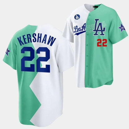 Los Angeles Dodgers #22 Clayton Kershaw  White Green 2022 Stitched Split Jersey Baseball Jerseys