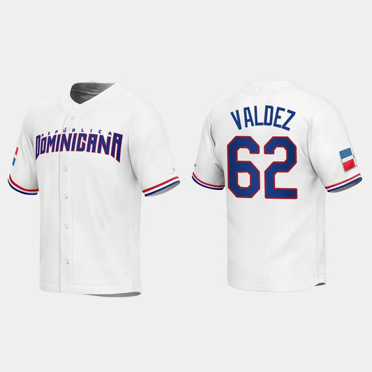 #62 CESAR VALDEZ DOMINICAN REPUBLIC BASEBALL 2023 WORLD BASEBALL CLASSIC REPLICA JERSEY – WHITE Stitches Baseball Jerseys