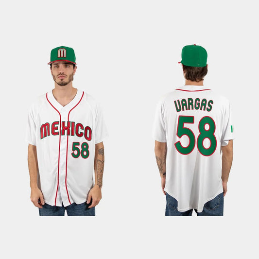 #58 CESAR VARGAS MEXICO BASEBALL 2023 WORLD BASEBALL CLASSIC JERSEY – WHITE Stitches Baseball Jerseys