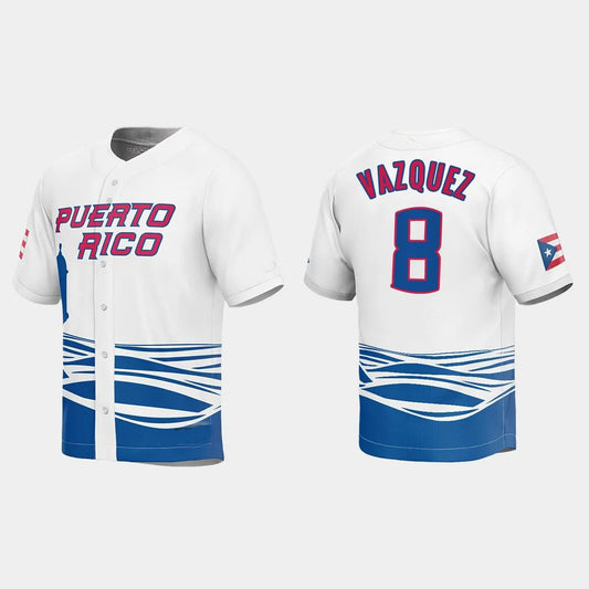 #8 CHRISTIAN VAZQUEZ PUERTO RICO BASEBALL 2023 WORLD BASEBALL CLASSIC JERSEY – WHITE Stitches Baseball Jerseys