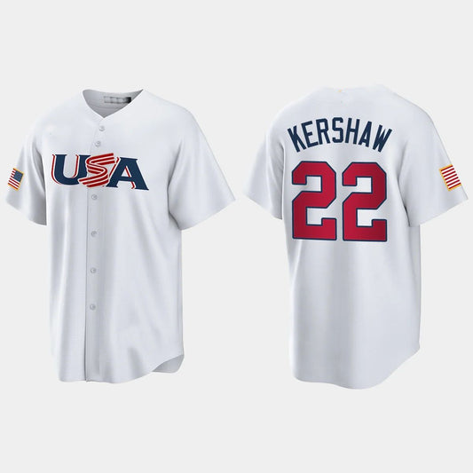 #22 CLAYTON KERSHAW LOS ANGELES DODGERS 2023 WORLD BASEBALL CLASSIC USA REPLICA JERSEY – WHITE Stitches Baseball Jerseys