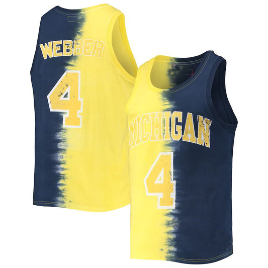 M.Wolverines #4 Chris Webber Mitchell & Ness Name & Number Tie-Dye Tank Top Maize Navy Stitched American College Jerseys