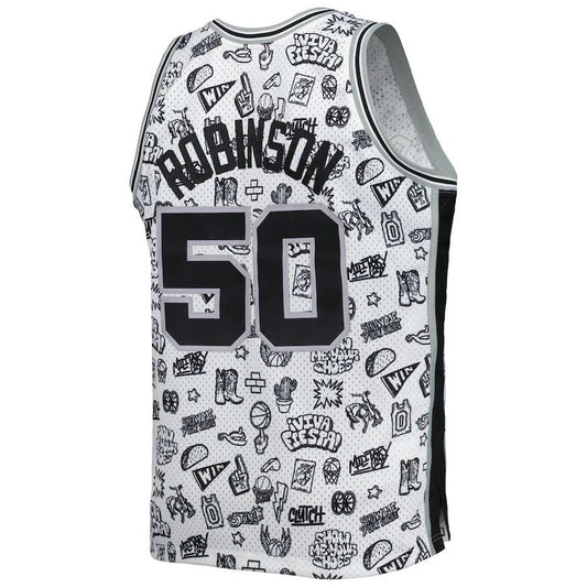 S.Antonio Spurs #50 David Robinson Mitchell & Ness 1998-99 Hardwood Classics Doodle Swingman Player Jersey White Stitched American Basketball Jersey