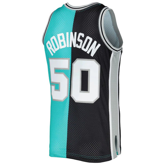 S.Antonio Spurs #50 David Robinson Mitchell & Ness Hardwood Classics 1998-99 Split Swingman Jersey Black-Teal Stitched American Basketball Jersey