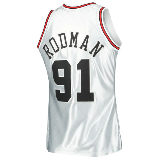 C.Bulls #91 Dennis Rodman Mitchell & Ness 1997-98 Hardwood Classics 75th Anniversary Swingman Jersey Platinum Stitched American Basketball Jersey