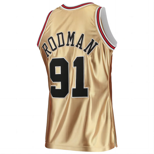 C.Bulls #91 Dennis Rodman Mitchell & Ness 75th Anniversary 1997-98 Hardwood Classics Swingman Jersey Gold Stitched American Basketball Jersey