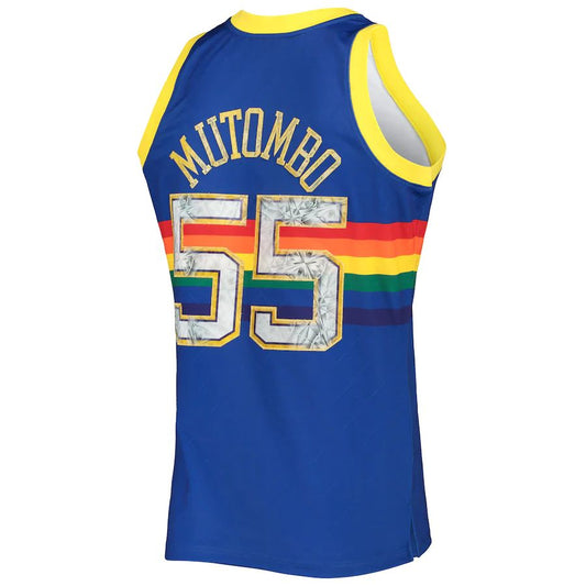 D.Nuggets #55 Dikembe Mutombo Mitchell & Ness 1996-97 Hardwood Classics 75th Anniversary Diamond Swingman Jersey Royal Stitched American Basketball Jersey