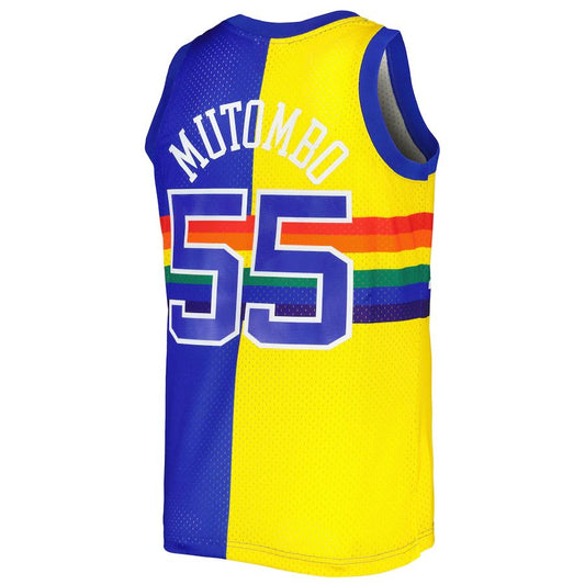 D.Nuggets #55 Dikembe Mutombo Mitchell & Ness Hardwood Classics 1991-92 Split Swingman Jersey Royal Gold Stitched American Basketball Jersey